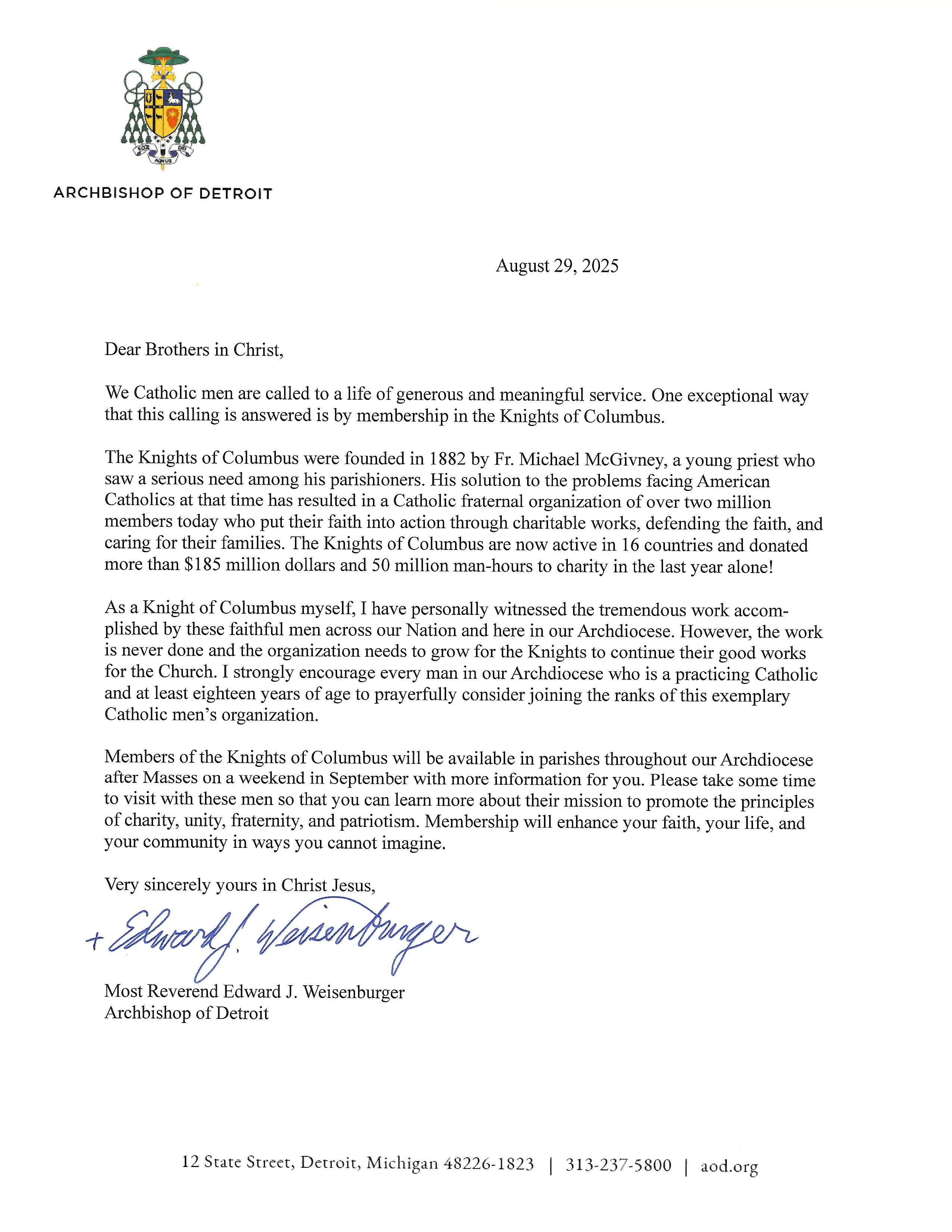 Archbishop Weisenburger endorses Knights of Columbus