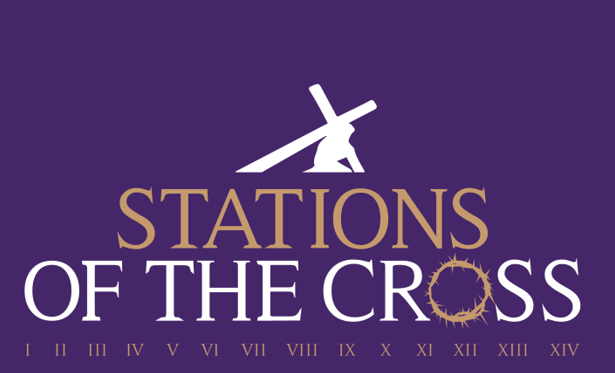 Purple background with silhouette of Christ carrying the cross and text Stations of the Cross 